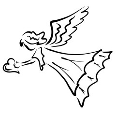 Angel flying with a heart in his hand, black outline