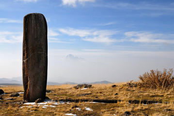 Vishap (huge sacral stone in prechristianic Armenia). Kotayk Region, Gegham Mountain Range, Armenia