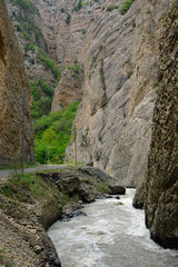 Mountainous gorge and river before Zodk (Sotk) Pass. Mountainous Karabakh.