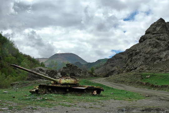 Old Rusty Tank (Mark Of The Karabakh War). Zodk (Sotk) Road. Mountainous Karabakh.