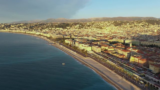 Nice, France, Aerial view of promenade des Anglais at sunrise, Cote d'Azur