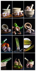 COLLAGE OF FOOD PHOTOGRAPHS WITH GARLIC, GREEN ASPARAGUS, TOMATOES AND PEPPERS