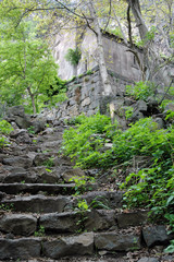 Stairs in the wood. Medieval Kobayr Monastery (12th century). Lori Region, Armenia.