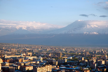 Panorama of Yerevan and view at Ararat Mountain. Armenia.