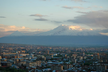 Panorama of Yerevan and view at Ararat Mountain. Armenia.