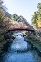 Fototapeta na wymiar Day scene of Shinkyo bridge over Daiwa river at Nikko, Tochigi Prefecture, Japan