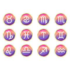  Vector set of icons for a site on the subject of astrology, on a white background, with a violet-yellow gradient. Zodiac signs: Capricorn, Pisces, Libra, Aquarius, Gemini, Scorpio, Leo, Sagittarius, 
