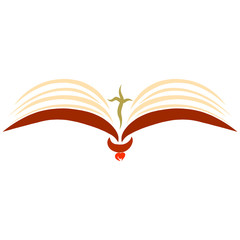 Naklejka premium Open bible with a cross, flying bird of faith