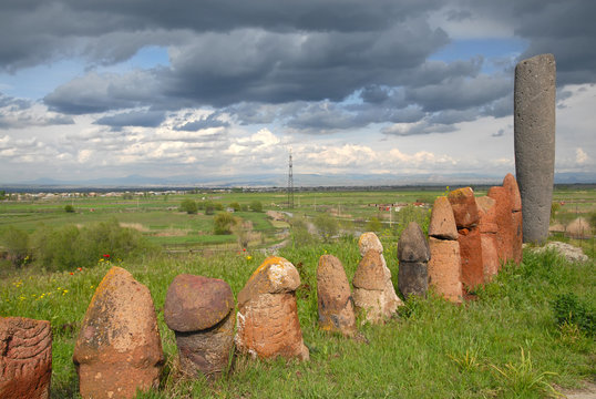 Prehistoric phallic steles and vishap. Bronze age Metsamor sattlement (near by Metsamor village). Armavir Region, Armenia.