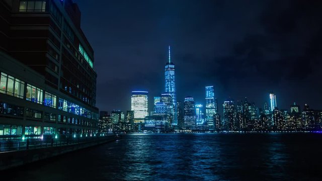 Time Lapse of New York City skyline and Hudson River in the evening  view from restaurant.