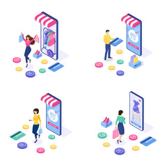 Set of Online shopping concept. Woman and man buy things on the site. Can use for web banner and infographics. Isometric design. Vector illustration.