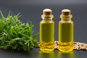  Hemp oil cbd, Cannabis herb and leaves for treatment, Extract from hemp oil.