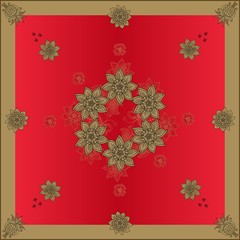Beautiful bandana print with flowers in gold and red colors. Square design for scarf, shawl, napkin, tablecloth.