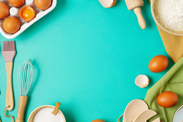 Rustic baking ingredients flat lay. Homemade pastry, baking. Top view flat lay background. Copy space. Healthy organic food