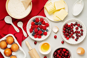 Rustic baking ingredients flat lay. Homemade pastry, baking. Top view flat lay background. Copy space. Healthy organic food
