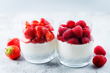 Greek yogurt Chia seeds strawberry and raspberry parfait