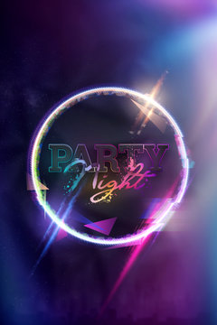 Creative flyer A4 for a night club, the inscription night party on a dark background, neon flashes. Invitation card, advertising design, copy space. © Aliaksandr Marko