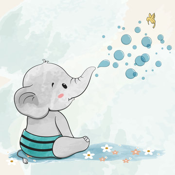 Cute baby elephant with air bubbles water color cartoon hand drawn vecter illustration. Use for Happy birthday invitation card, T-shirt print, baby shower.