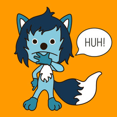 Emoticon with a cool wolf with blue wool, who stands with a puzzled and unhappy look and thinks Hoh, color clip art on isolated background