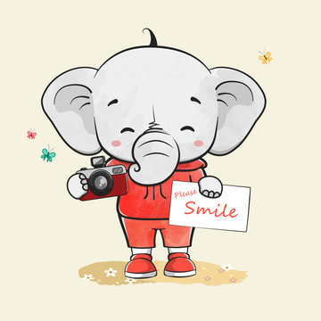 Cute baby elephant as photographer water color cartoon hand drawn vecter illustration. Use for Happy birthday invitation card, T-shirt print, baby shower.