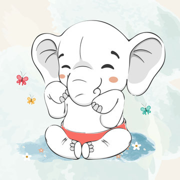 Cute baby elephant play with butterfly water color cartoon hand drawn vecter illustration. Use for Happy birthday invitation card, T-shirt print, baby shower.