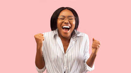 Excited African American Woman Gesturing Yes Shouting, Pink Background, Panorama