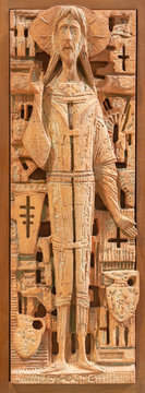 REGGIO EMILIA, ITALY - APRIL 13, 2018: The Jesus in teracota as the detail of ambone in chruch Chiesa di Santi Giacomo e Filippo apostoli by unknown modern artist.