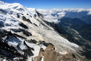 Glacier lobe of the Mont Blanc heading towards Chamonix, France. Seen from the peak of the Aiguille-du-Midi