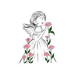 girl angel with flowers in a dress