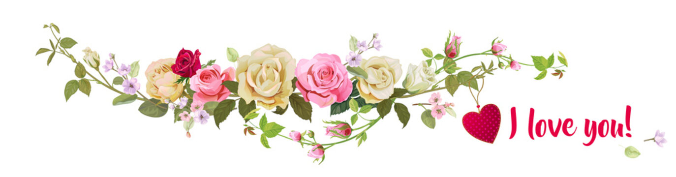 Panoramic view with white, pink, red roses, red heart, spring blossom. Horizontal border for Valentine's Day: flowers, buds, leaves on white background, digital draw, vintage watercolor style, vector