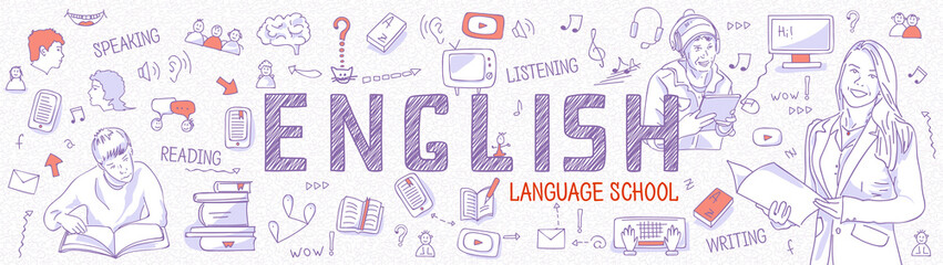 Horizontal Internet banner learning English: language teacher with student book. Blue outline icons, symbols white background. Line art illustration for English school, courses, panoramic view, vector