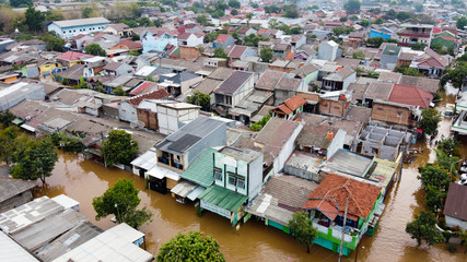 BEKASI, WEST JAVA, INDONESIA. JANUARY 05, 2020 : Aerial POV view Depiction of flooding. devastation...