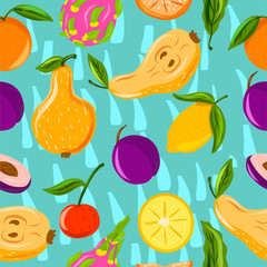 Fruit. Bright. Hand drawing. Dragon fruit, pear, orange, plum. For your design.