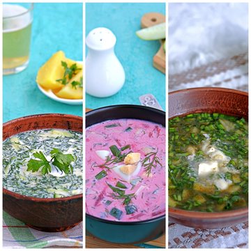 Different types of cold soups: soup with herbs and kvass, soup with beets and kefir, soup with sorrel. Food collage. Summer cold soups recipe.