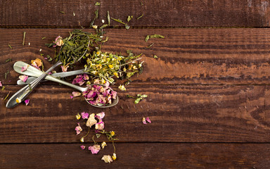 Assortment of dry tea in spoons on a wooden background. Top view with copy space.