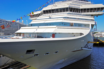 Modern Carnival Cruise Lines Fun Ship cruise ship liner in port of New York docked at Manhattan...