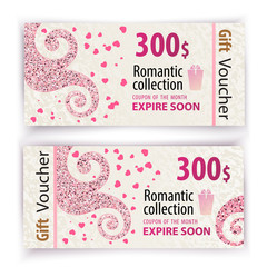 Voucher template. Value 300 dollars for department stores, business, linens. Curl ornamental glitter decoration with small hearts