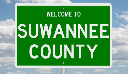 Rendering of a green 3d highway sign for Suwannee County