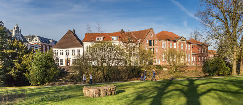 Panorama of the castle garden and historic buildings in Jever, Germany