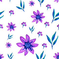 Fototapeta na wymiar Hand drawn watercolor tender floral seamless pattern. Lilac, violet flowers, petals, blue-green twigs, leaves on a white background. For the design of fabrics, wallpaper, postcards, bedding, clothes.
