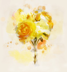 Flowers digital painting collection - beautiful yellow roses background in watercolor style