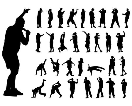 Hip hop artists dancing and singing. Isolated silhouettes of people on white background