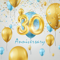 Golden balloons numbers 30 years anniversary celebration, golden and turquoise balloons and confetti. Celebration template, Greeting card, holiday template, flyer. 3D illustration, 3D render