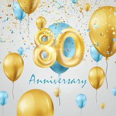 Golden balloons numbers 80 years anniversary celebration, golden and turquoise balloons and confetti. Celebration template, Greeting card, holiday template, flyer. 3D illustration, 3D render