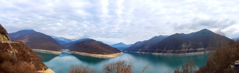 Picturesque panorama of the Zhinvali reservoir in winter.