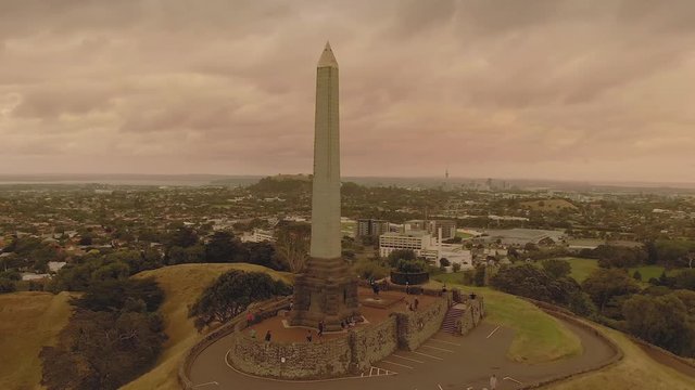 Aerial: One Tree Hill and orange skies created from the Australian bush fires that swept accross the Tasman Sea.  Auckland, New Zealand.  5 January 2019