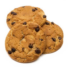 Three chocolate chip cookies isolated on white background. Homemade pastry.