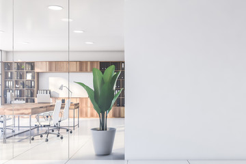 White CEO office with bookcase and mock up