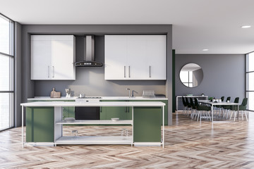 Gray and green kitchen, table and island