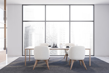 Panoramic white dining room with armchairs